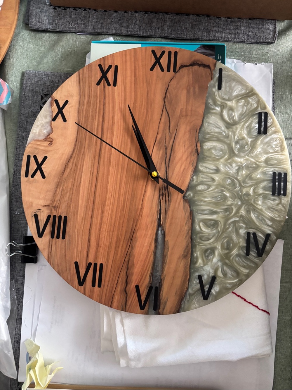 Handcrafted Wood and green Pearl Resin Wall Clock - Rustic Brown & Pearl